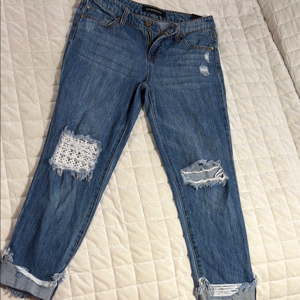 Liverpool Mid-Rise Distressed Blue Jeans for Women